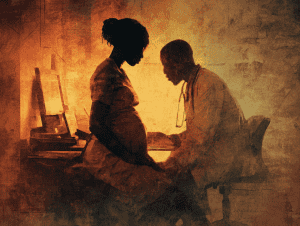 Be Well illustration of a pregnant woman in a clinic getting prenatal care and a marternity kit